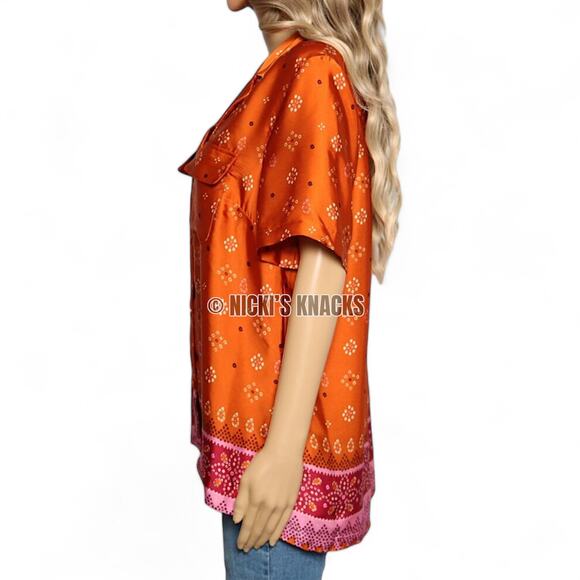 DR2 Satin Button Down Shirt Geometric Boho Vacation Resortwear Orange Pink Sze L - Picture 4 of 9